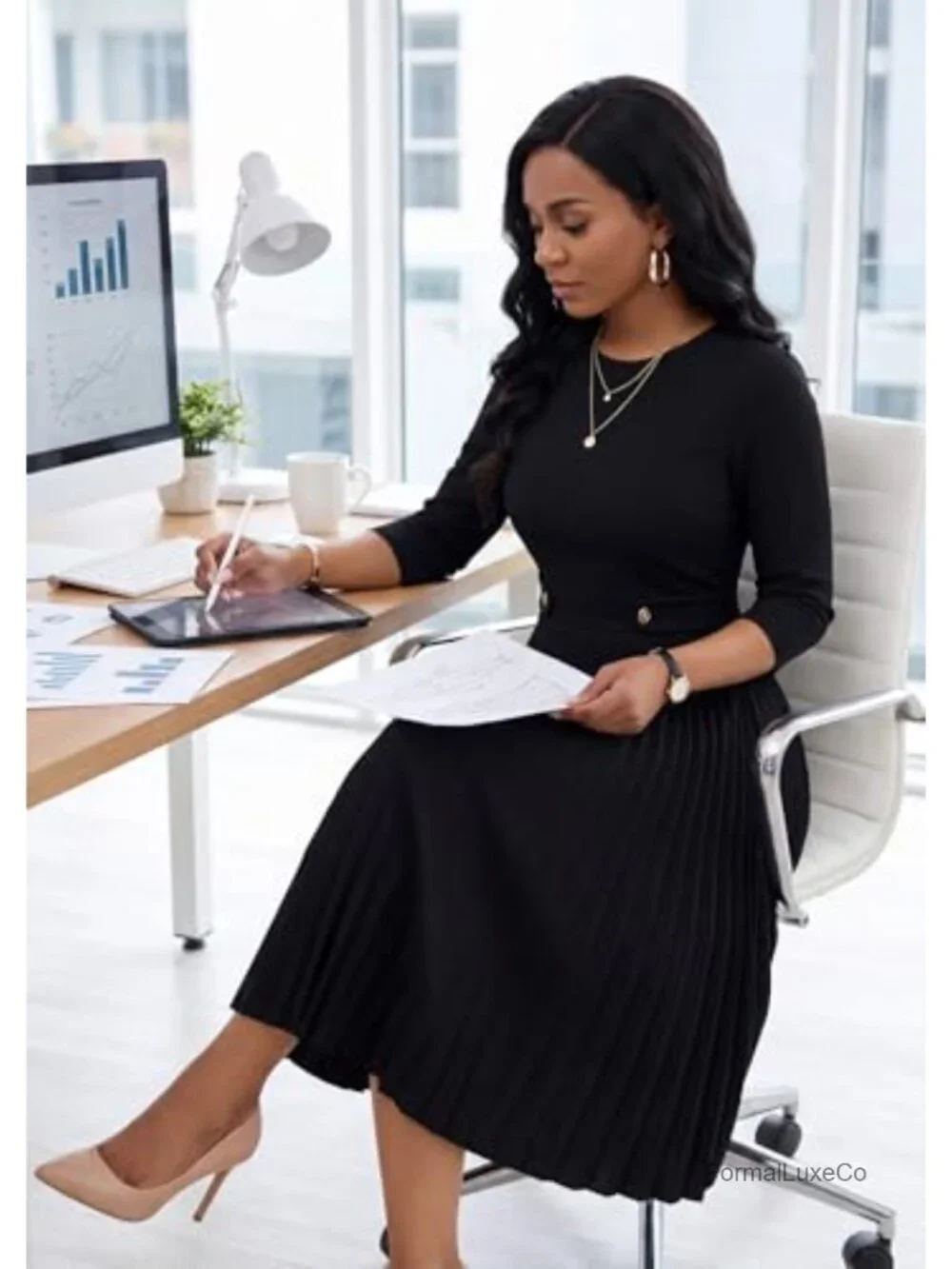 Pleated Midi Dress A-Line Church Dress with Pockets 3/4 Sleeve